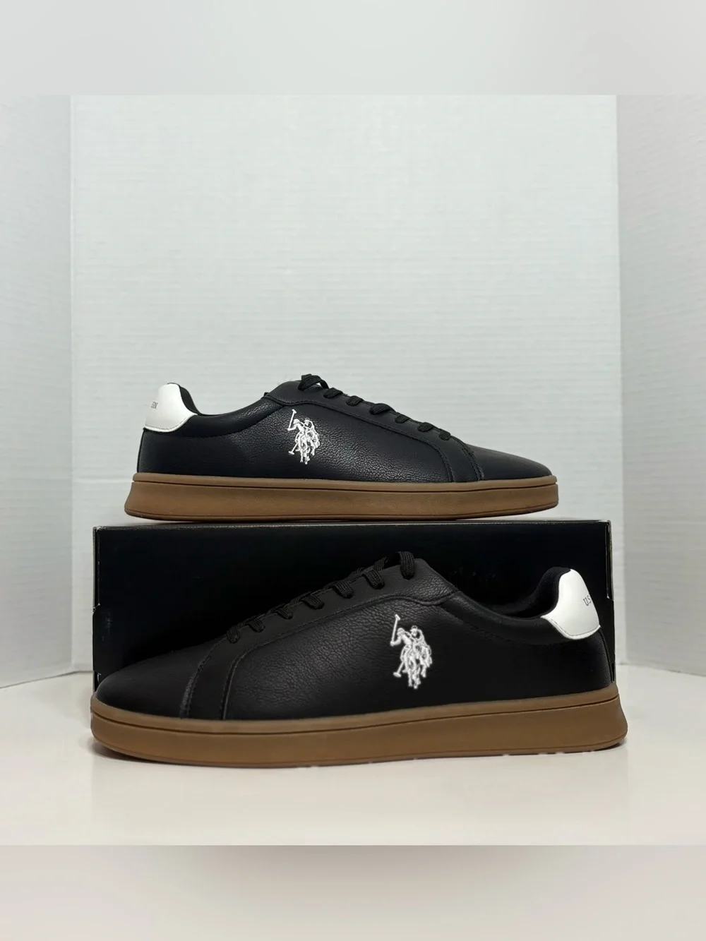 U.S. Polo Assn. Black Leather Sneakers with Brown Sole and White Heel
